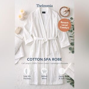 Theloomia White Cotton Spa Robe Calf Length Turkish Cotton Belted